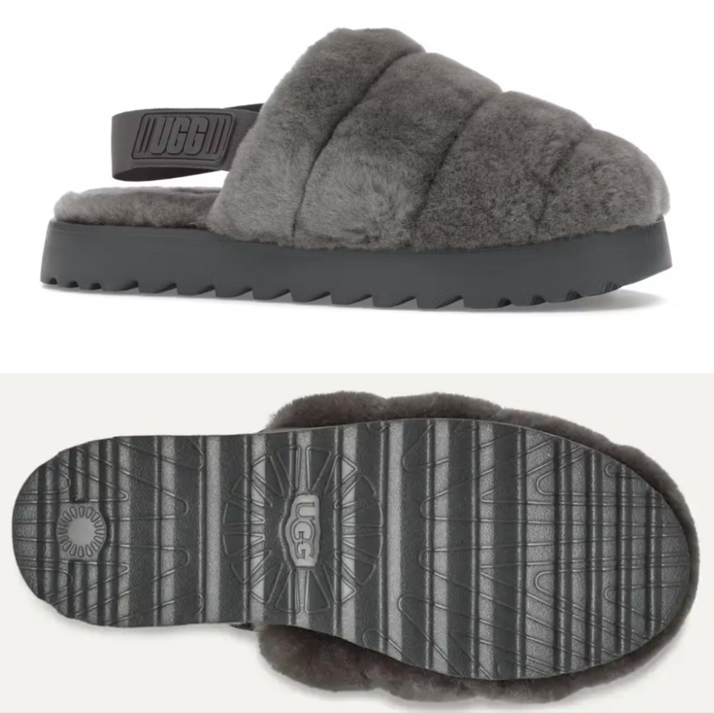 NEW UGG® Super Fluff Sheepskin Slippers In Charcoal, Platform, Slip-On, Size 9.